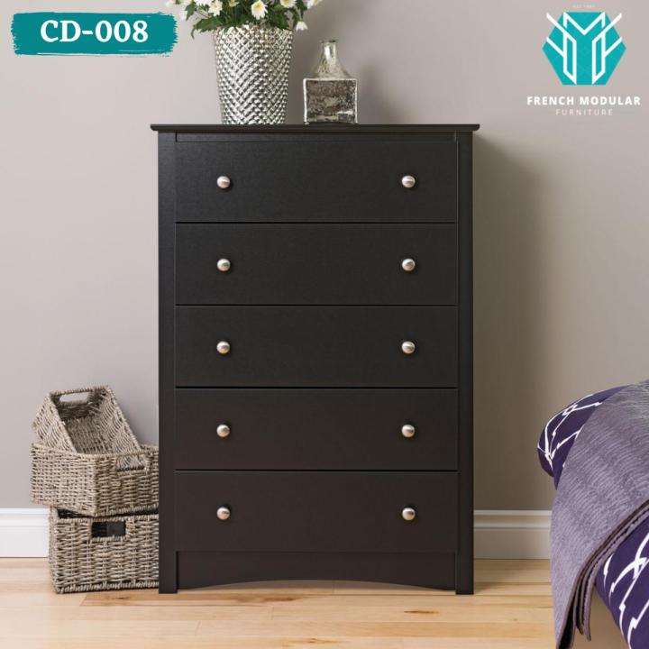 CD-008 - Oak Wood 5 Drawers Black & Brown Polish Finish Living Room Storage Chest Of Drawer for Bedroom Chester Manager Sideboard Living Room Storage Bedroom Cabinet