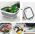 Multifunctional Adjustable Folding Silicone Kitchen Cutting Board – 3-in-1 Chopping Board, Colander & Storage Basket – Space-Saving, Non-Slip, BPA-Free, Durable & Easy to Clean for Vegetables, Fruits, Meat & More. 