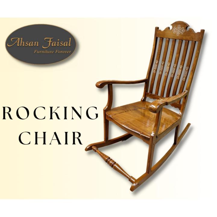 Rocking Chair / Easy Chair - Solid Sheehsam Rosewood With Acrylic Inlay On Back & Arms