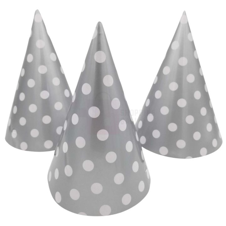 SILVER POLKA DOT CAPS - SILVER THEME BIRTHDAY PARTY CAPS - PACK OF 10