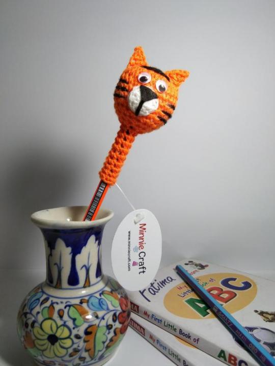 Crochet Tiger Shaped Pencil Topper - Orange