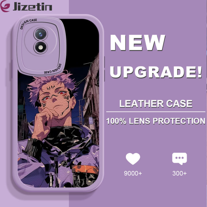 Jizetin for Vivo Y02 Y02A Y02T Back Cover Ryomen Sukuna Lambskin Texture PU Leather Back For Girls Boys Soft Phone Case