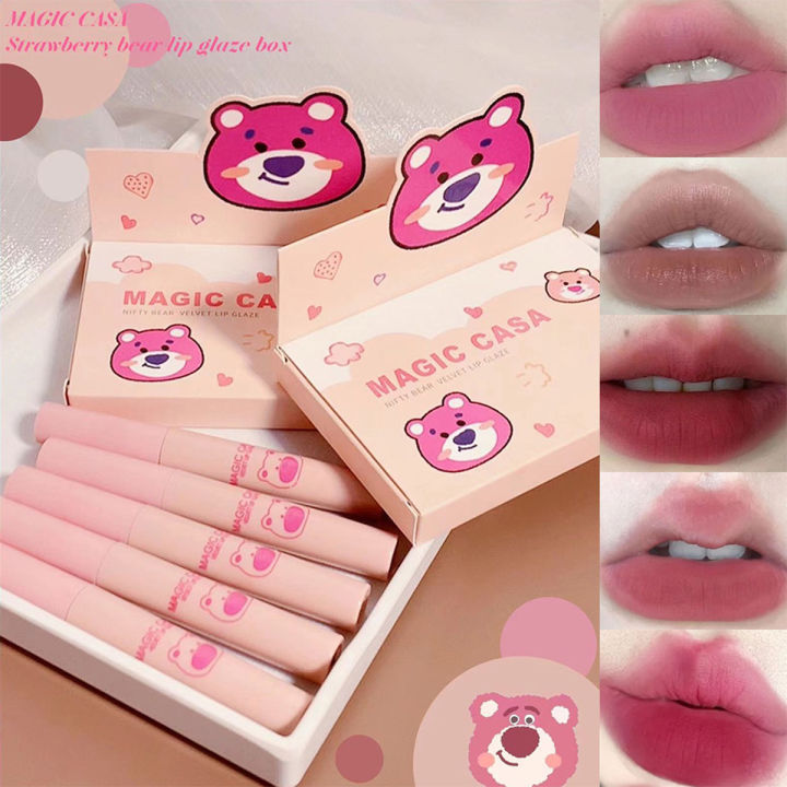 MAGIC CASA 5Pcs/set Cute Bear Matte Velvet Lip Gloss Set Waterproof Long-lasting Liquid Lipstick Red Lips Tint Korean Makeup Cosmetic