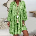 Mini Dress Cactus Print Ruffled Women V Neck Long Sleeve Buttons Dress for Beach. 
