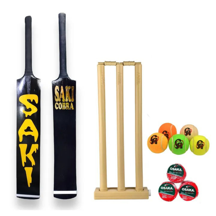 2026 New Complete Tape Ball Cricket Kit – Saki Cobra Tape Ball Bat + Wicket Set + 5 Soft Balls + 3 Osaka PVC Tapes | Full Street & Backyard Cricket Set