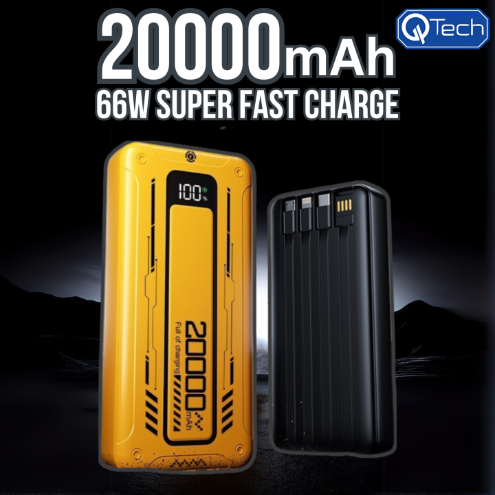 Q125 Cyberpunk Powerbank 20000mAh with 66W Superfast PD Output | Built-in 4 Cables | Digital Display for Real-Time Charging Status | Stylish Cyberpunk Design | High-Capacity Powerbank for Android, iPhone, Laptops, and WiFi Routers | Fast Charging & Durabl