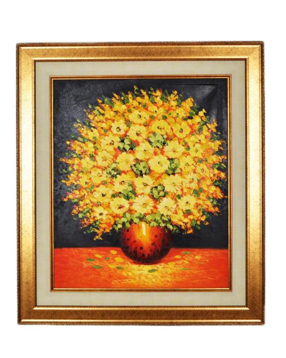 Imported Artist Made Oil On Canvas Flower and Pot Painting Wall Frame Wall Art - Gold Frame With Beige Mount - 28x32 Inch