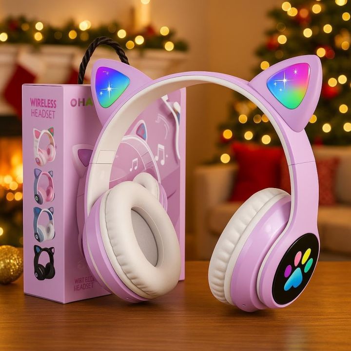 Cat Ear Wireless Bluetooth Headphones for Girls with LED Light and Microphone