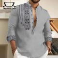 Men Long Sleeve Shirt Stylish Ethnic Print Men's Casual T-shirt Slim Fit Long Sleeve Stand Collar Trendy Spring/fall Shirt for Southeast Asian Fashion Enthusiasts Men Shirt. 