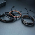 4-Piece Men’s Leather Wrap Bracelet Set – Vintage Tree of Life & Wood Beads. 