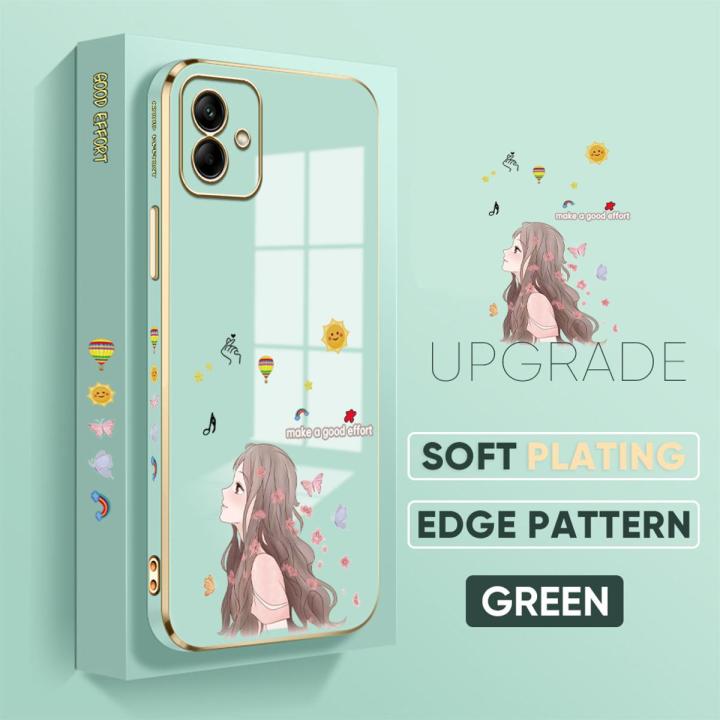 TA for Samsung Galaxy A04 Back Cover + Free Lanyard Charming Girl Luxury 6D Plating Case Side Pattern Soft Silicone Square Phone Cases