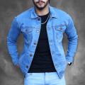 Men's Sky Blue Denim Jacket, Front Light Blast - Stylish and Fashionable Outerwear - Premium Quality and Wash and Wear. 