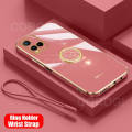 For Vivo Y21 Back Cover with Ring Holder Stand + Wrist Strap Shiny Plating Square Bumper Protective Case Soft Silicone Shockproof Mobile Phone Cases. 