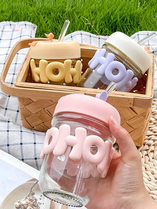 2 Way Drinking HOHO Aesthetic Glass Cup'' Straw Tumbler Glass Drinking Bottle 350ml Coffee Tumbler, Leak-Proof Travel Cup