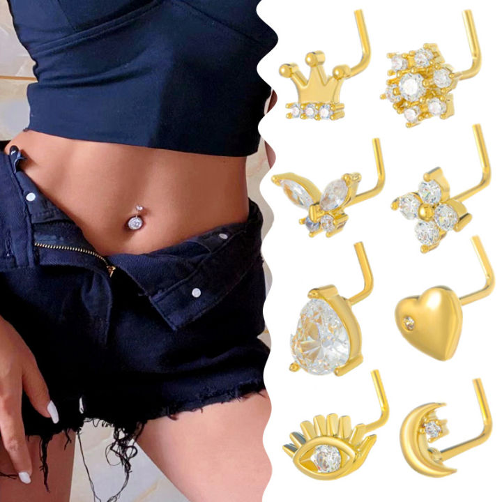 Qingwen  European and American Copper Inlaid Zircon Navel Stud Butterfly Love Crown Moon Shape Studded with Water Drop Zircon Bee Belly Ring Piercing Jewelry Cross-Border