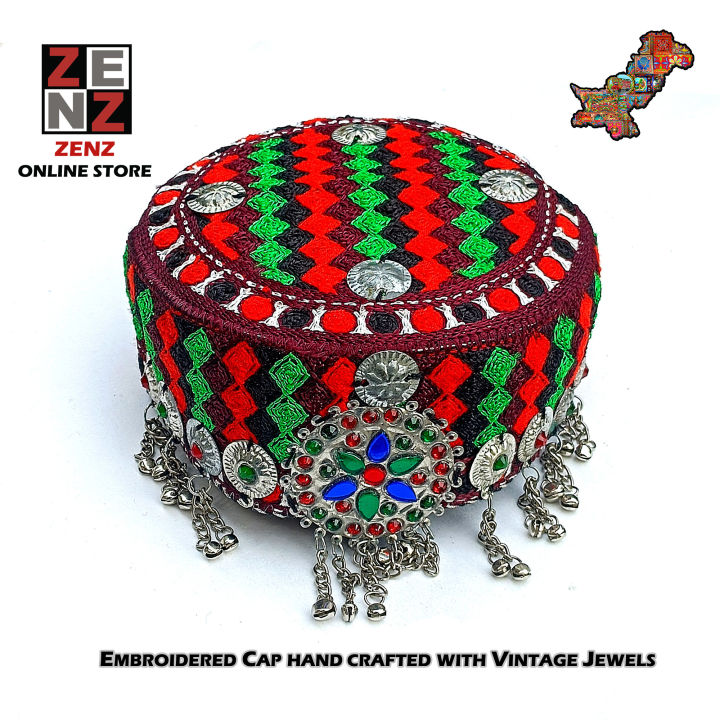 Traditional Cap Topi for Baby Girls 1-9 Years Age crafted with Embroidery Vintage Jewels & Mirrors Haleema halima Turkish Pakistani Sindhi Afghani