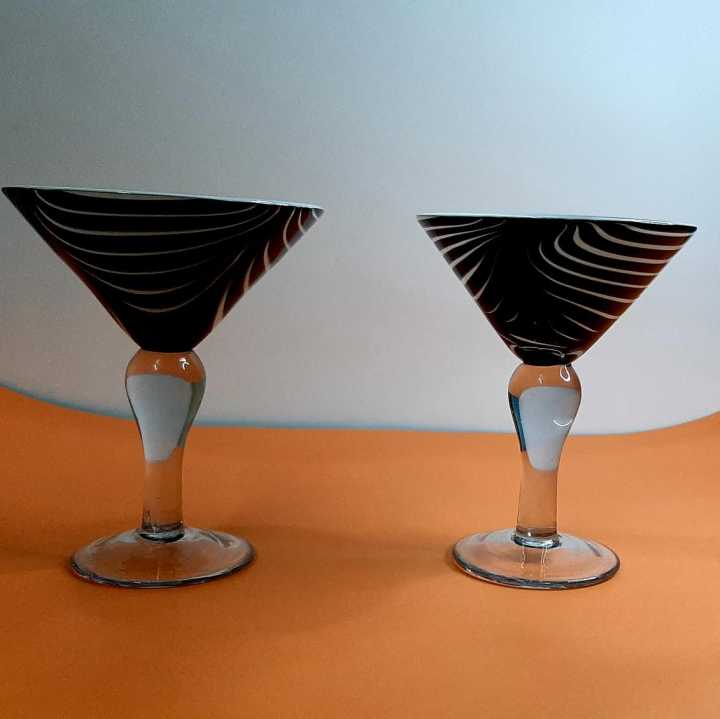 Hand Blown Art Zebra Design Martini Glass black Color