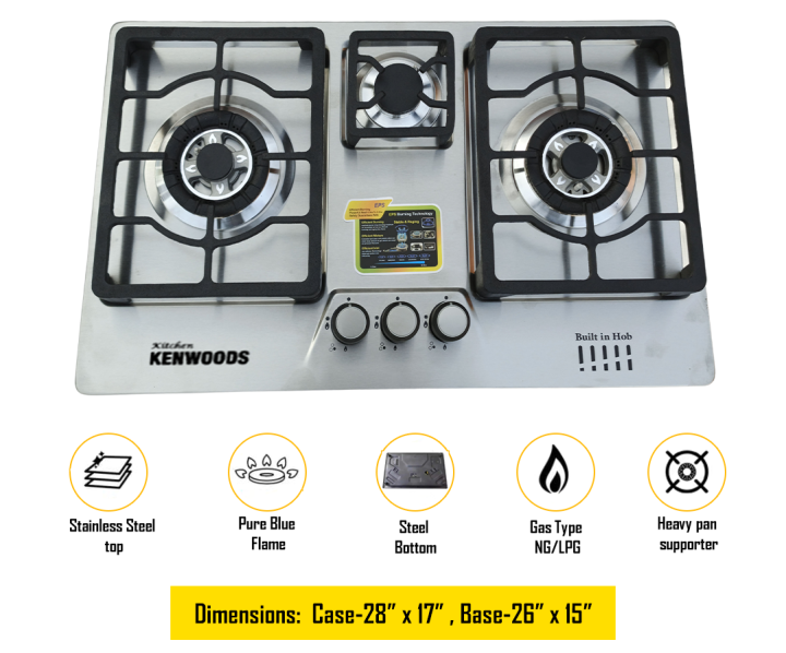 Kitchen Kenwood 3 Burner Stove With Stainless Steel Top And Auto Ignition System(Both Natural Gas And LPG Models Available)