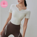 OzalCtree New Drawstring Waist Tightening Yoga Top Short Sleeved Women's breathable Fitness T-shirt Running Tight and Slimming Yoga Suit. 