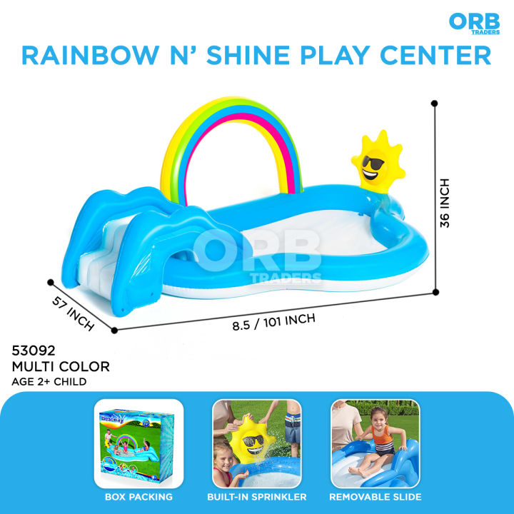 Bestway 53092 Water Slide Play Center Kids Inflatable Rainbow N Shine Pool Paly_center Amusement Park Equipment Perfect For Kids Detachable Slide With A Cushioned Landing Area  Built-in Water_ Sprayer Adds A Splash Of Fun To Played Time Release Pool_Water