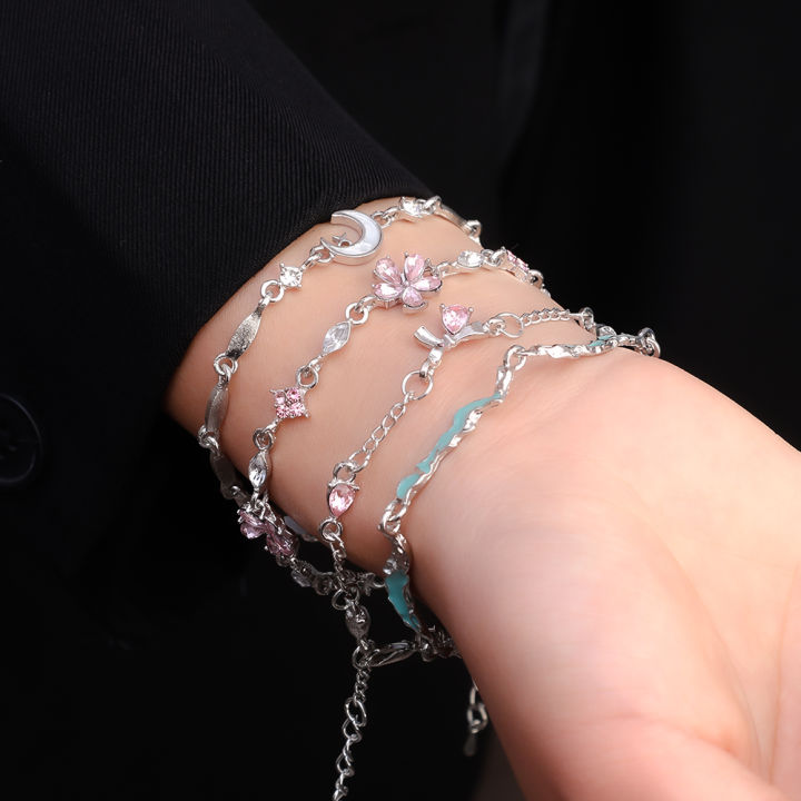 Elegant Flowers Bracelet For Women Y2K Sweet Girls Moon Cherry Blossom Bow Zircon Bracelets Luxury Designer Jewelry Gift