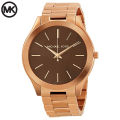 Michael Kors Brown Dial Rose Gold Stainless Steel Ladies Slim Runway Watch MK-3181. 