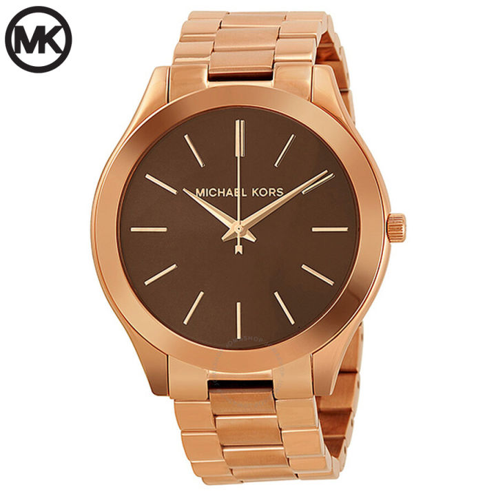 Michael Kors Brown Dial Rose Gold Stainless Steel Ladies Slim Runway Watch MK-3181