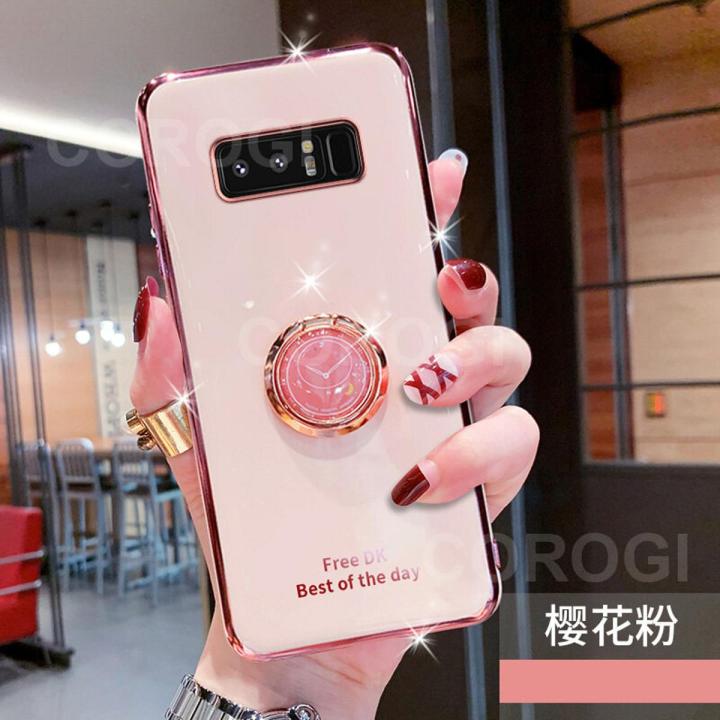 For Samsung Galaxy Note 8 Cover + Ring Holder Ultra Thin Shiny Plating Bumper Stand Phone Case Soft TPU Silicone Shockproof Protective Back Cover