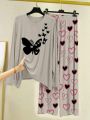 Buterfly Printed Mustard Color Lounge Wear Nightwear Sleepwear With Heart Prinred Trouser For Women By Aua Garments. 