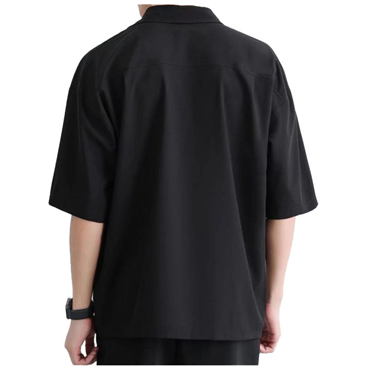 men's solid color simple Japanese style tooling short sleeve shirt