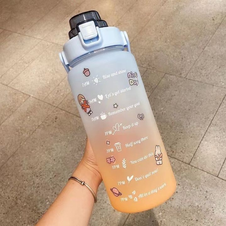 2L Colored GYM Water Bottle with Time Marks Large Capacity flask-Bottle with Bounce Cover Time-Period Reminder Frosted Cup 3D Stickers Beautiful Travel bottle with cap Colorful thermos bottle for cold water, Outdoor fitness Training, school office