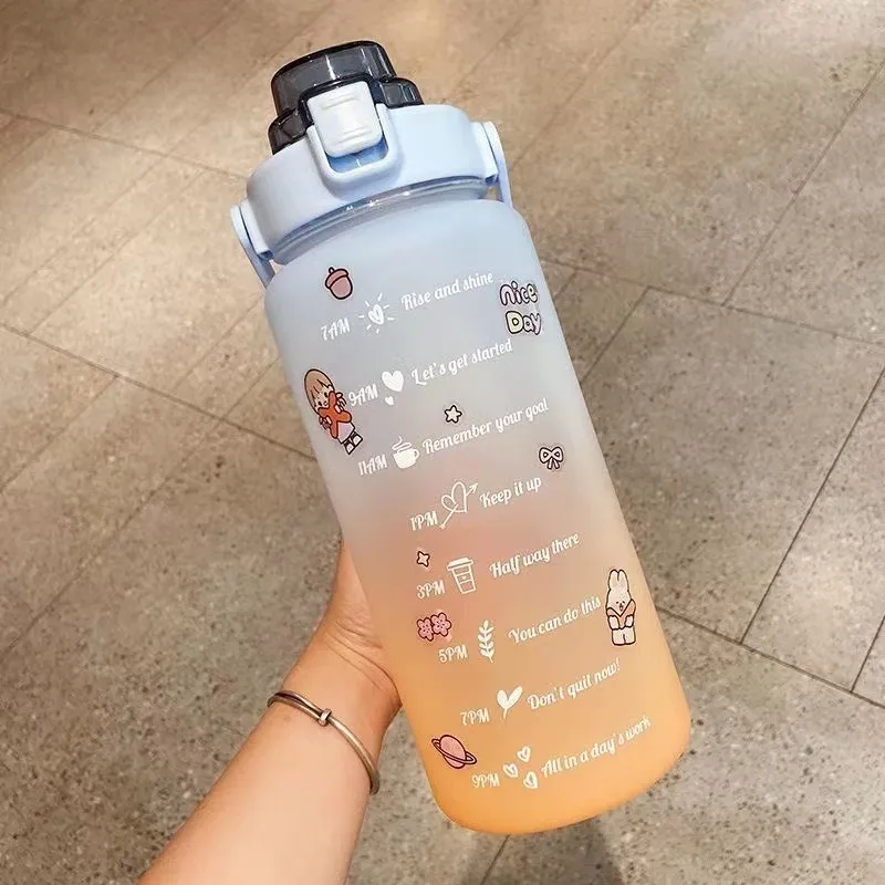 2L Colored GYM Water Bottle with Time Marks Large Capacity flask