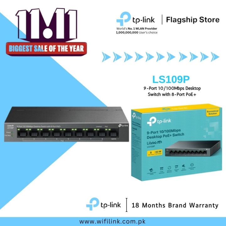 TP-Link Network Gigabit Desktop Switch LS109P 9-Port 10/100Mbps Desktop Switch with 8-Port PoE+ - 18 Months Brand Warranty