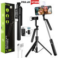 PakJAStore R16S 1.7M Extendable Selfie Stick with Tripod Stand, Adjustable Grip Handle, Wireless Bluetooth, Rechargeable LED Light, and USB Charging - Perfect for Mobile Photography, Video Recording, Vlogging, and Live Streaming with Enhanced Stability. 