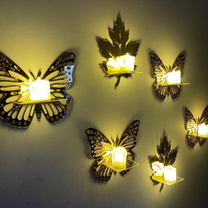 Evento Decorative Premium Acrylic Mirror Wall Shelves Leaf and Butterfly 3d Wall Shelf Sets Light Big Size | Decor Art Candlestick Design Candle Stand | Decoration For Home Decor Living Bed Room And Offices Furniture | Gifts Piece Item