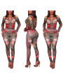 2 PCS Womenﾡﾯs Floral Printed Outfits, Flower Pattern Long-Sleeves Jacket + Skinny Pants  Tracksuit Set for Club, Party, Sports. 