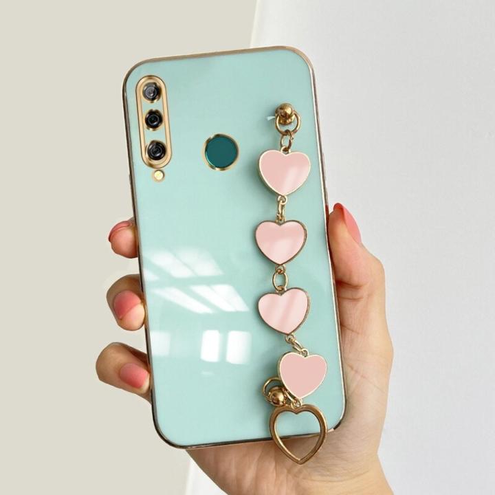 LECOMES for Huawei Honor 10i Back Cover with Pink Love Heart Bracelet Wristband Luxury 6D Plating Shiny Bling Case Square Edge Soft Silicone Mobile Phone Cases Pouch
