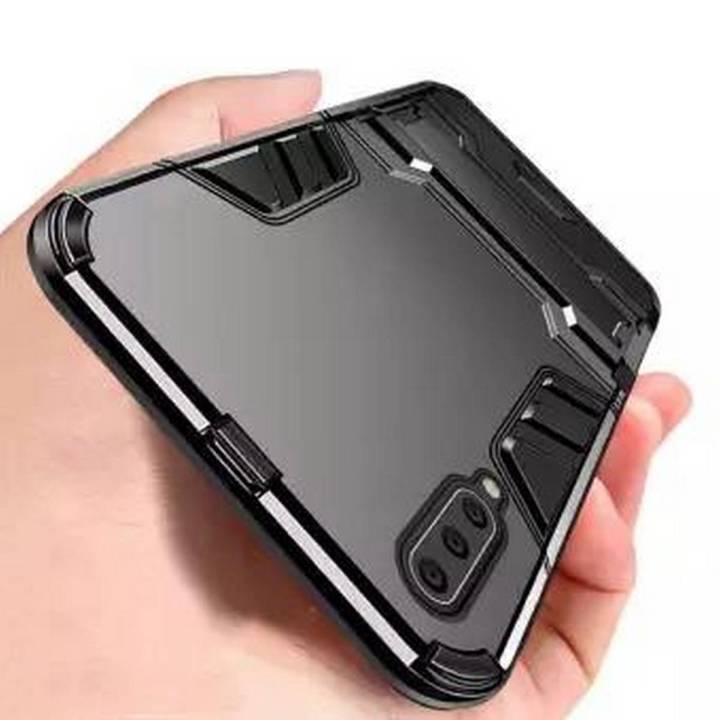Samsung Galaxy A70 Mobile Phone Back Cover Shockproof Rugged Armor Hard Hybird Silicone Phone Stand Case - Black