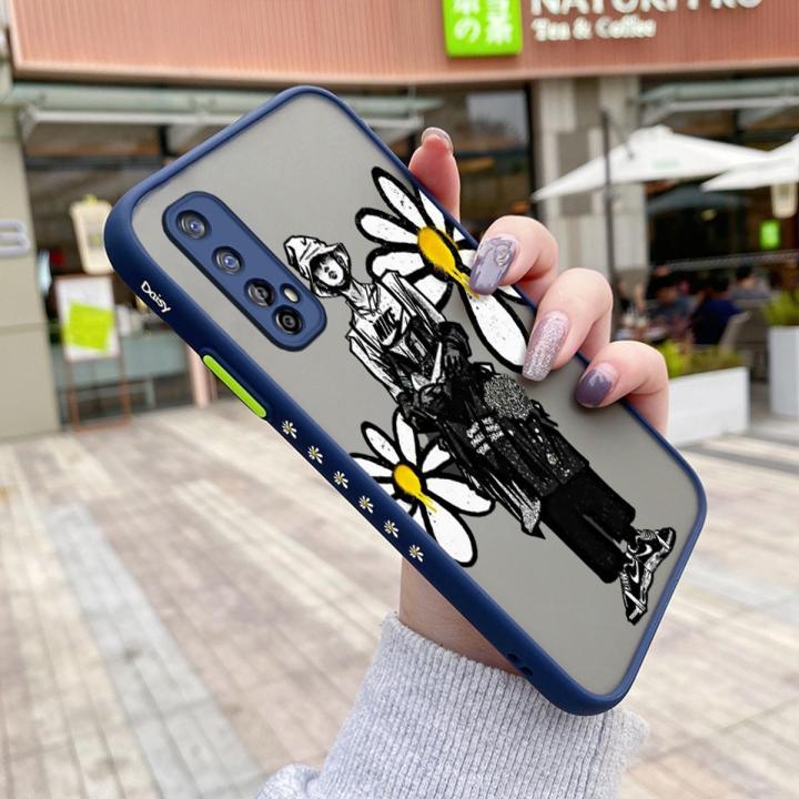 JIUMOO For Realme 7 4G Case Fashion Tide Brand Clear Daisy Pattern Thin Side Square Edge Frosted Transparent Hard Phone Cases New Design Shockproof Silicone Casing Full Cover Camera Protection Softcase