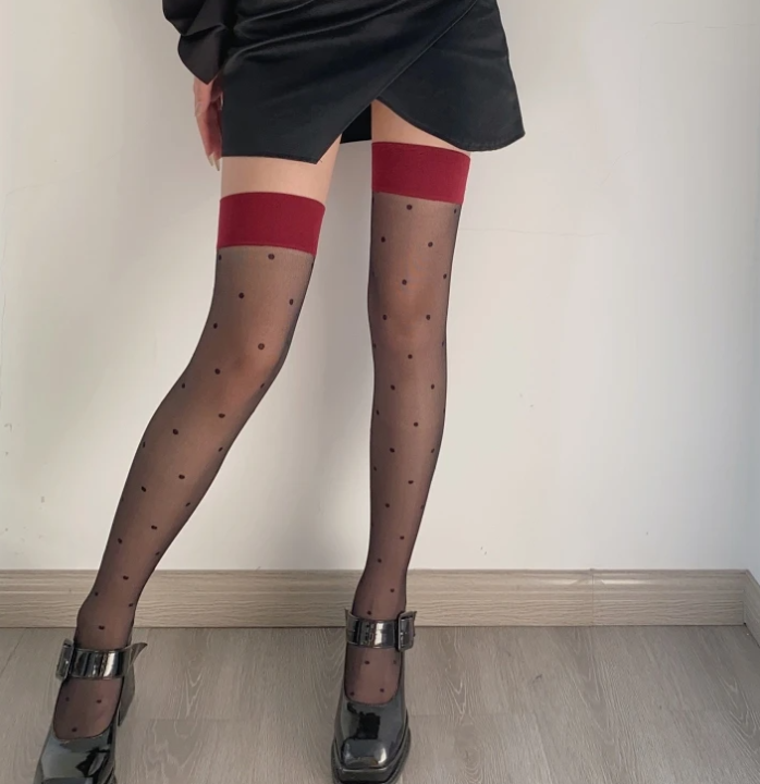 Women Lace Full Socks Long Tights Legging Silky Thigh High Stockings with Red Wide Band Top Polka Dot See-Through Over Knee Long Socks
