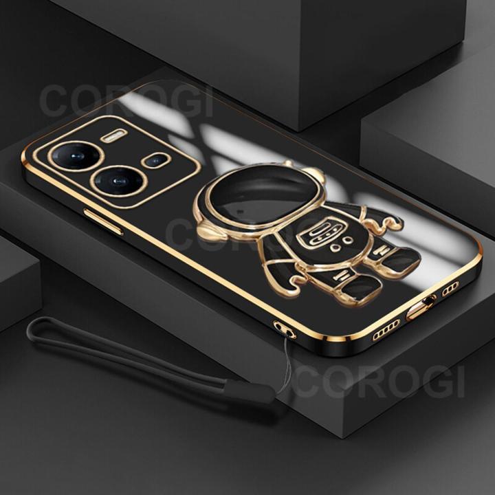 COROGI for Vivo V25 5G / Vivo V25e Back Cover with Lanyard + Astronaut Hidden Stand Luxury 6D Plating Shiny Cartoon Cases Soft Silicone Bracket Phone Case