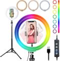 7 Feet Tripod Stand with 26 CM RGB Selfie Ring Light & Mobile Phone Holder for Tiktok Videos Best Quality Metal Tripod Tiktok Light, RGB 26cm Ring Light with 7ft Tripod Stand, Photography Kit - Elegant Home. 