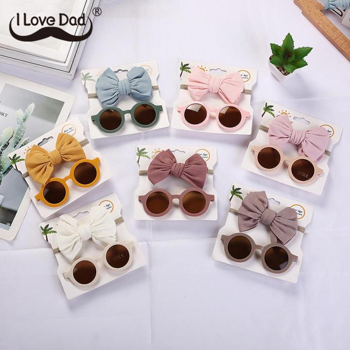 2Pcs/Set Headband Sunglasses Set Baby Elastic Nylon Hair Band Children Round Sun Glasses Butterfly Summer Girls Hair Accessories