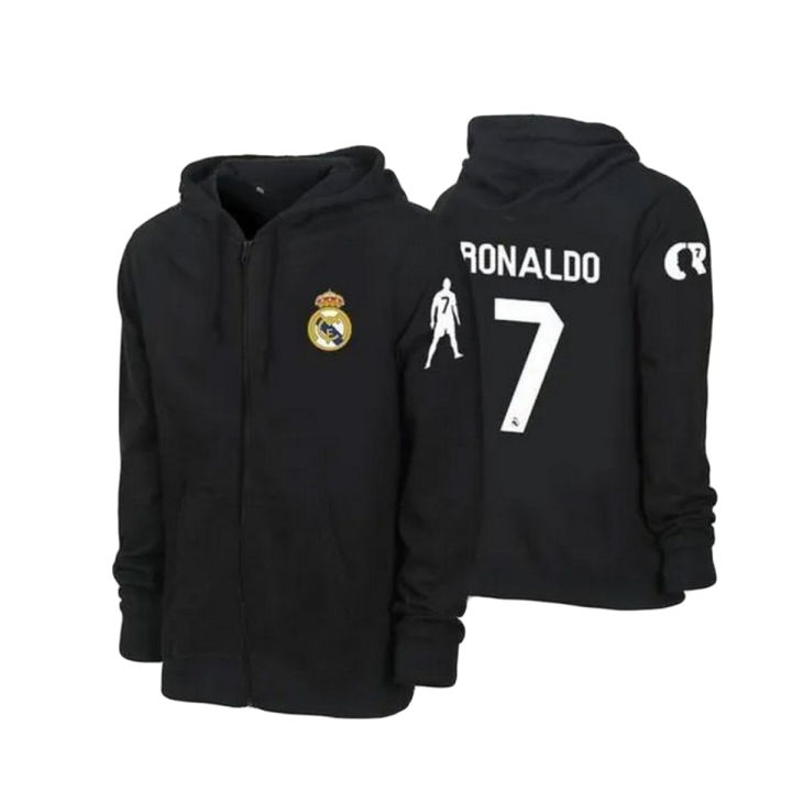 Black Real Madrid Ronaldo 7 Number Fleece Printed Hoodie for Men