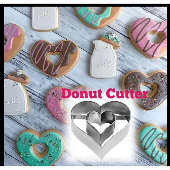 Heavy Duty Stainless Steel Dough Cutter Heart with Heart inside Donut Cutter, Cookie Cutter Heart Shape Baking Donut Cutter with Handle, Stainless Steel, 5-Inches x 5-Inches x 1.5-inches Dough Cutter Donut Cutter Cookie Cutter