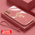For Huawei P20 Pro Back Cover with Ring Holder Stand + Wrist Strap Shiny Plating Square Bumper Protective Case Soft Silicone Shockproof Mobile Phone Cases. 