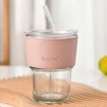 AKHPAL Glass Straw Cup with Lid Heat Cold Resistant Iced Water Bottle Viral Coffee Glass Mug Transparent Travel Mug Leather. 