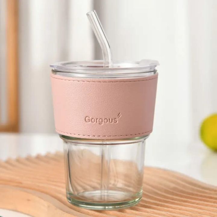 AKHPAL Glass Straw Cup with Lid Heat Cold Resistant Iced Water Bottle Viral Coffee Glass Mug Transparent Travel Mug Leather