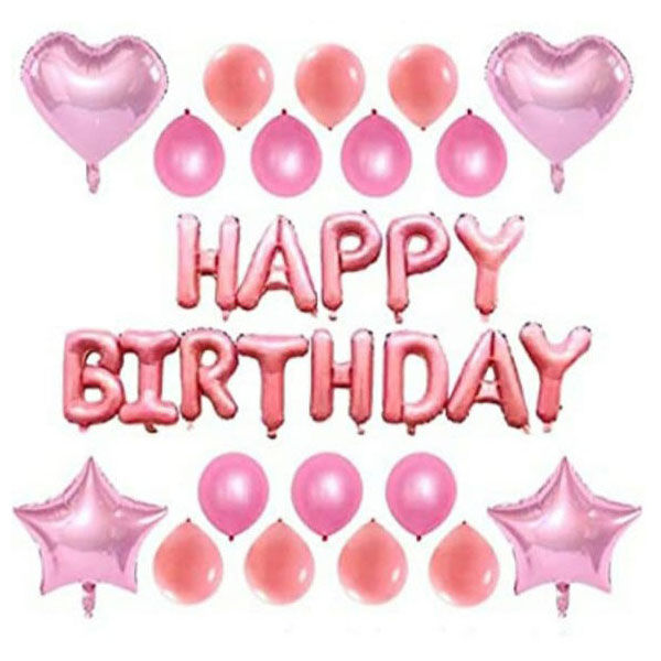 Pink Cute Birthday Foil Balloons Theme With Happy Birthday Alphabets , Stars & Hearts Foil balloons & latex balloons