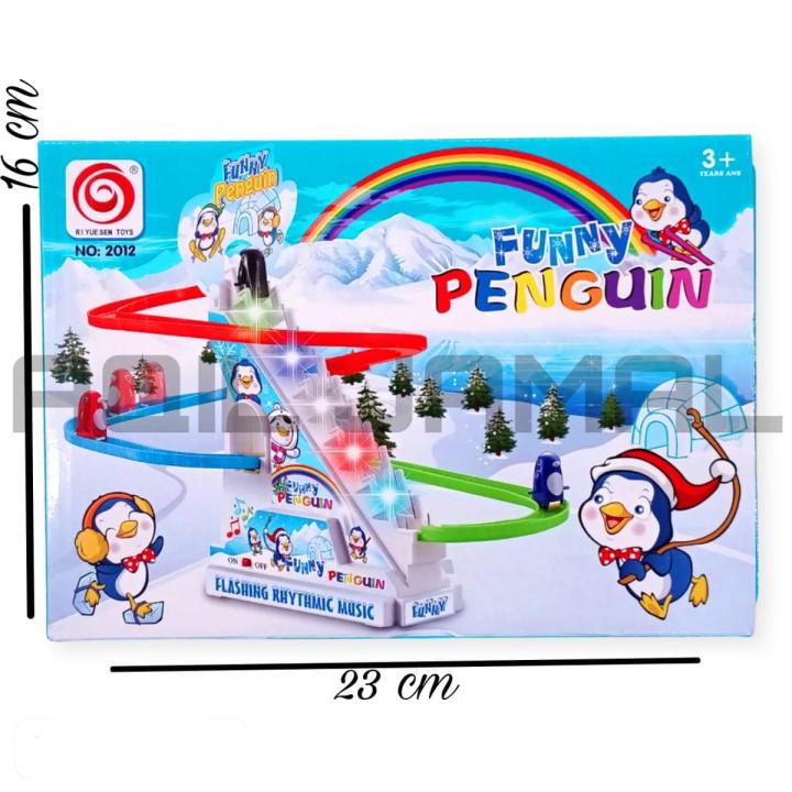 Musical Penguin Stair Climbing Orbit Chasing Race Track Game Set - Playful Roller Coaster Playset with LED Flashing Lights and Music On/Off Button for Toddlers and Kids